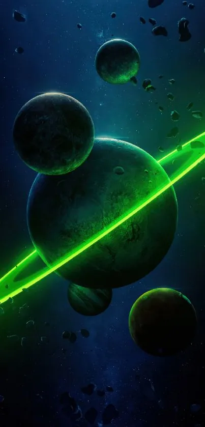 Futuristic neon space wallpaper with green accents and planets.