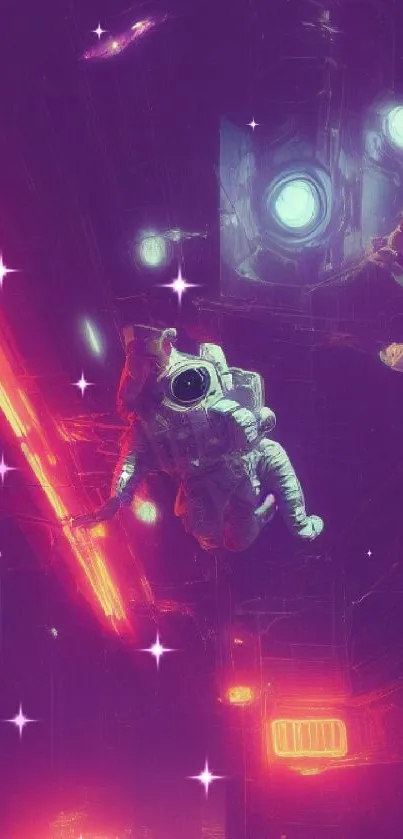 Neon astronaut floating in space with purple and red lights.