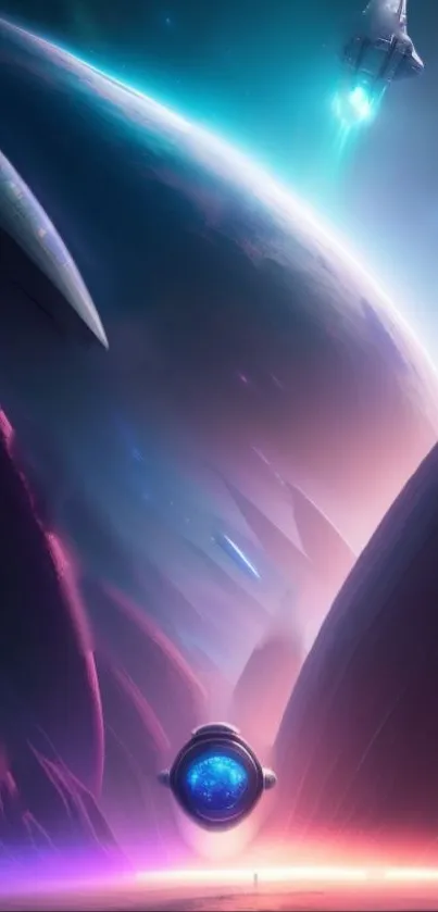 Futuristic space scene with vibrant colors and celestial elements.