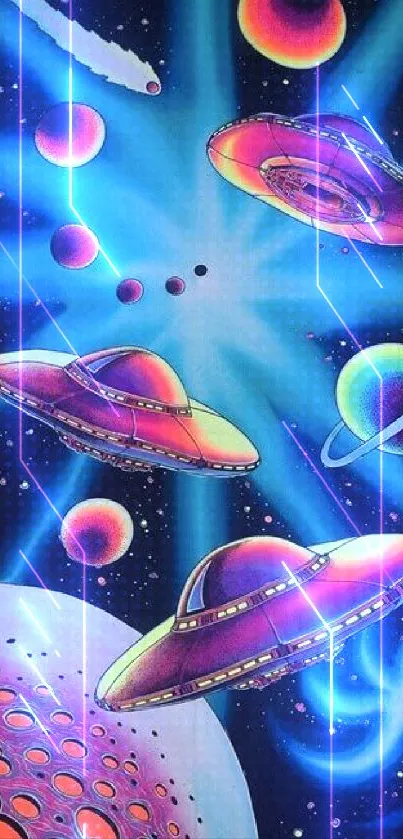 Vibrant space-themed wallpaper with planets and UFOs.