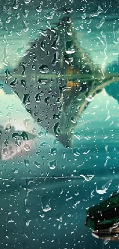 Futuristic starships in a sci-fi alien landscape reflected on water.