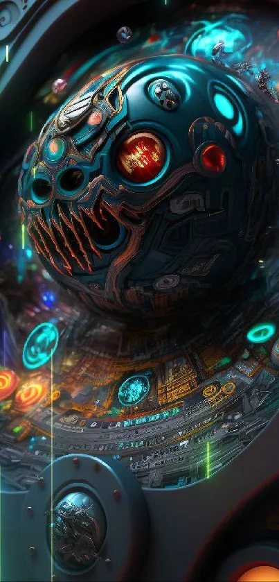 Futuristic pinball machine with a space and neon theme for a mobile wallpaper.