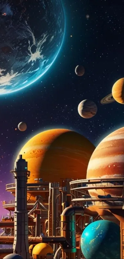 Futuristic space wallpaper with planets and structures.
