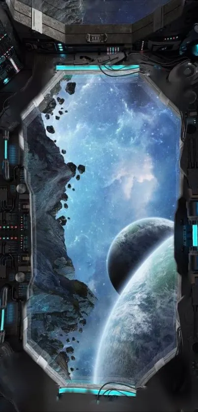Futuristic portal with space view of planets and galaxy.