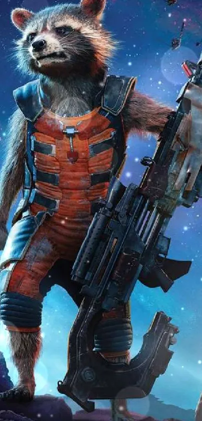 Raccoon warrior in space armor holding a futuristic weapon with galaxy backdrop.