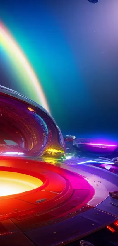 Futuristic space wallpaper with rainbow and vivid lights.