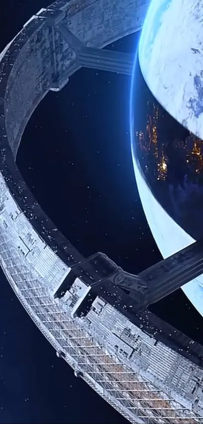 Futuristic ring above blue planet in space.