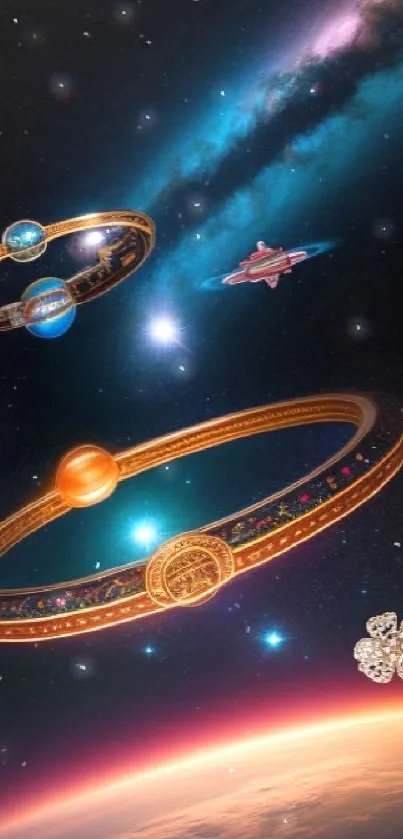 Futuristic rings in a cosmic space scene wallpaper.