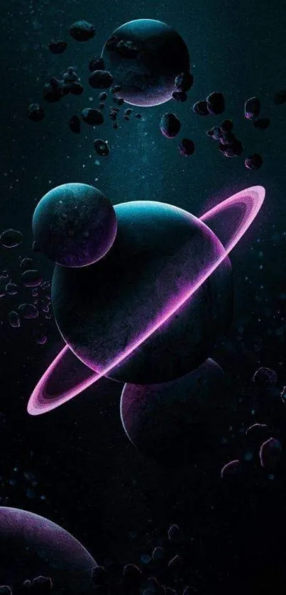 Futuristic space wallpaper with neon planetary rings.