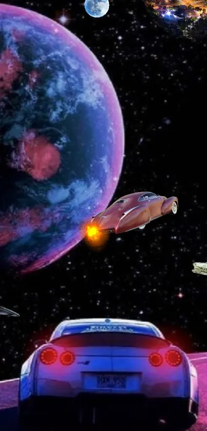 Car on space road with planets in purple galaxy.