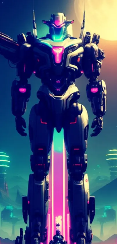 Futuristic robot in cosmic landscape mobile wallpaper with neon and moon.