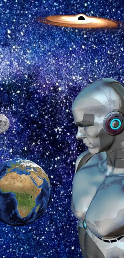 Silver robot with Earth and galaxy background.