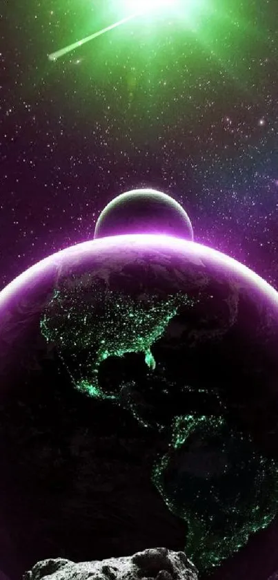 Futuristic space wallpaper with a purple planet and rocky foreground.