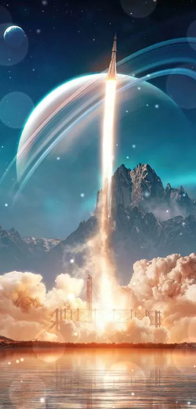 Futuristic rocket launch with planet and mountain backdrop.