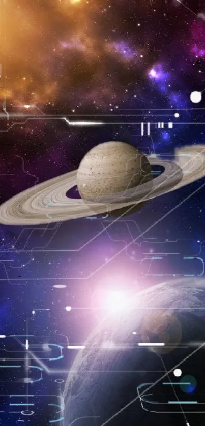 Futuristic space wallpaper with Saturn and nebula.