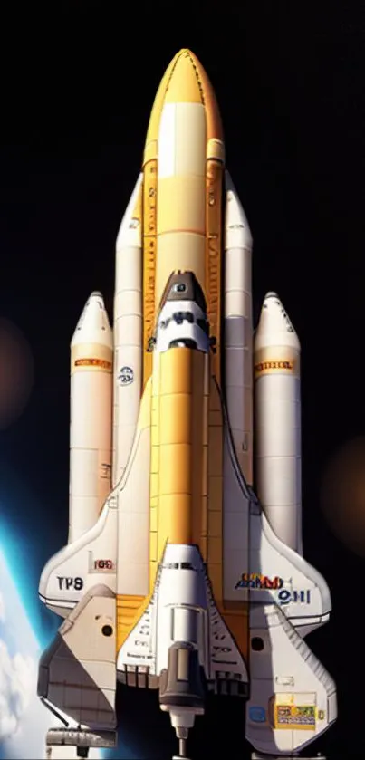 Futuristic space shuttle wallpaper with cosmic background.