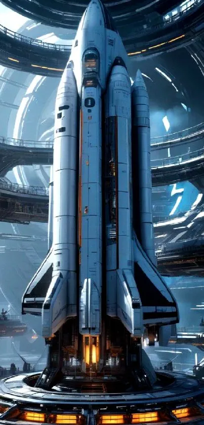 Futuristic space shuttle on launch pad.