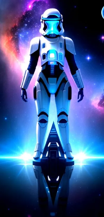 Futuristic space soldier with neon galaxy background.
