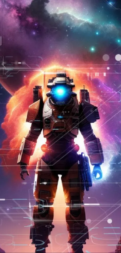 Futuristic soldier with cosmic backdrop.