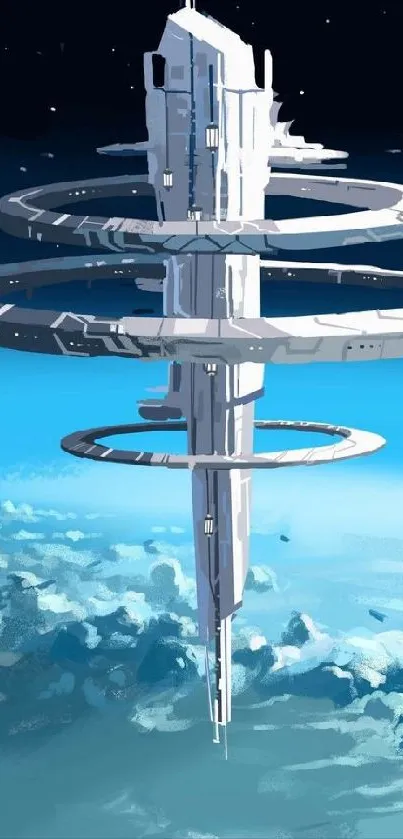 Futuristic space station against a cosmic blue backdrop.