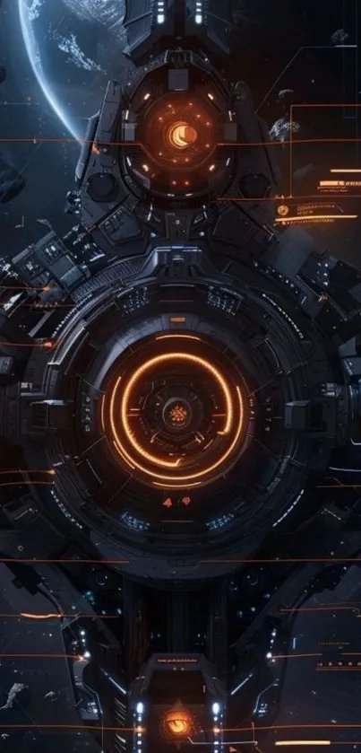 Futuristic space station with glowing elements in deep space.