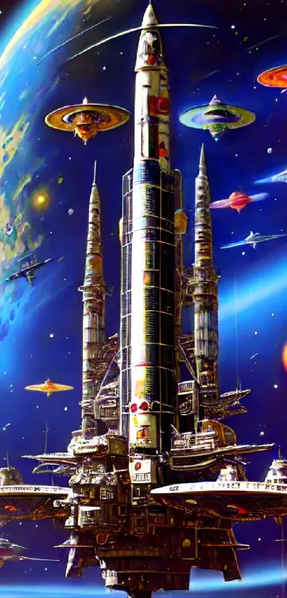 Futuristic space station artwork with vibrant spaceships and planets.