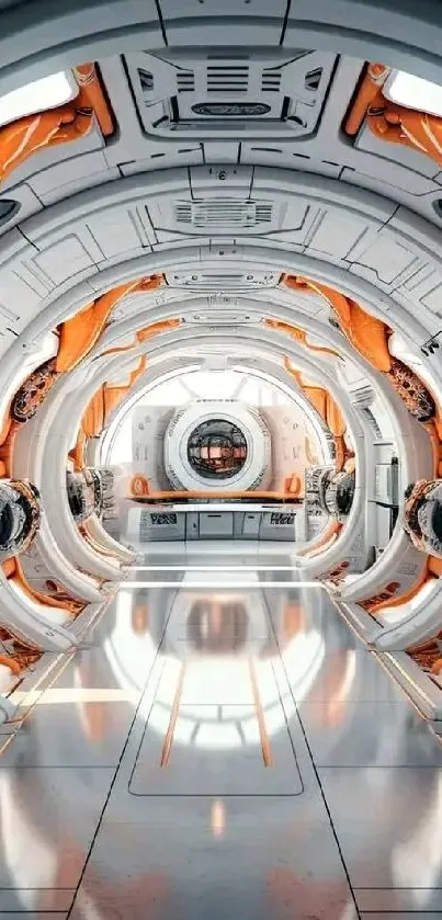 Futuristic space station corridor with orange accents.