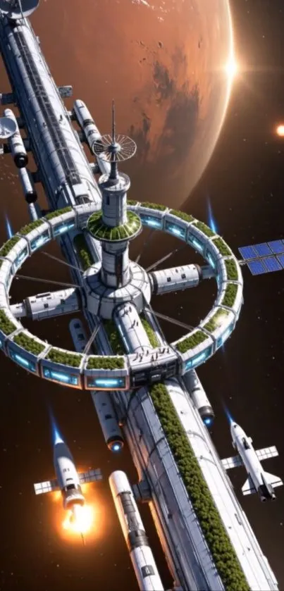 Futuristic space station orbiting a distant planet with vibrant cosmos.