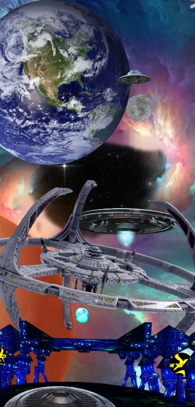 Futuristic space station with planets and cosmic backdrop.