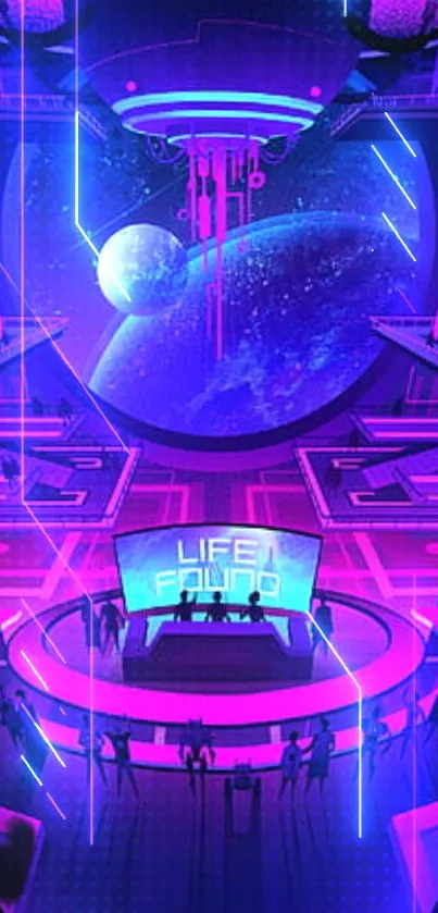 Futuristic space station wallpaper with neon lights and cosmic view.