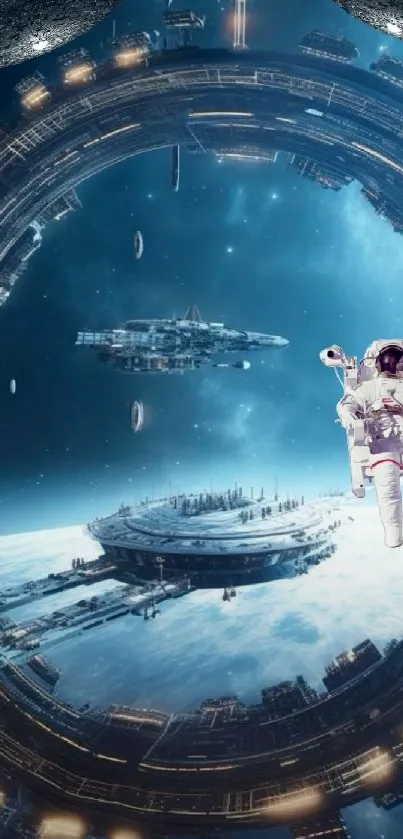 Futuristic space station with astronauts and starships background.