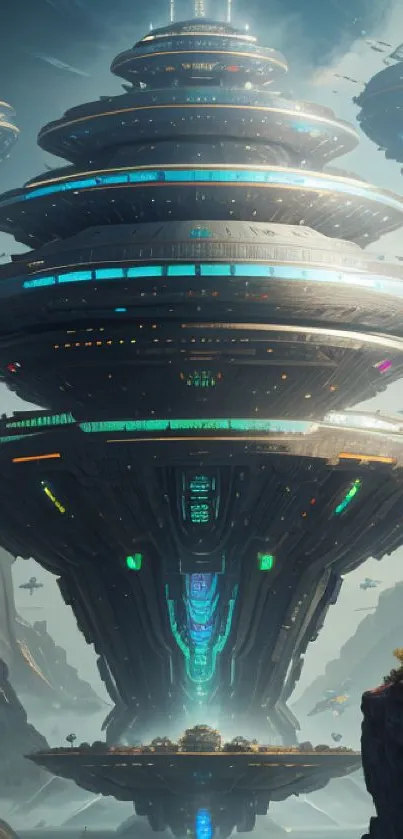 Futuristic space station amid cliffs and sky, perfect for mobile wallpaper.