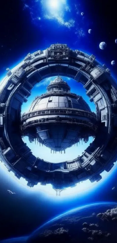 Futuristic space station in deep space with planets in the background.