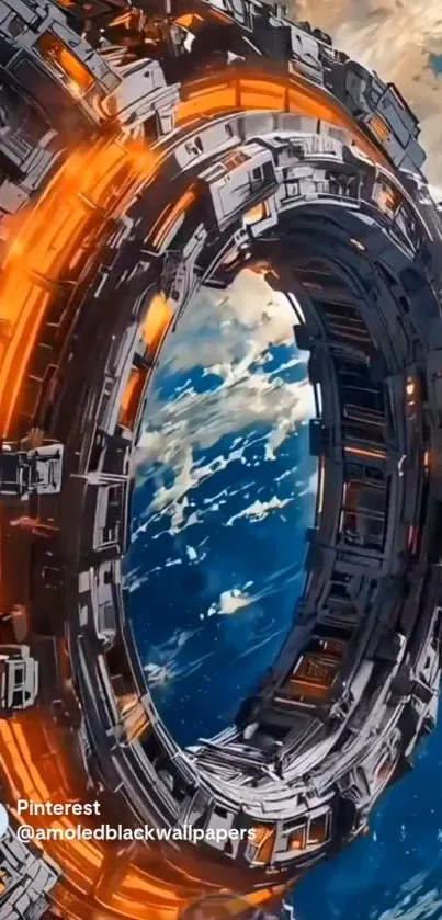 Futuristic space station orbiting Earth with vibrant colors.