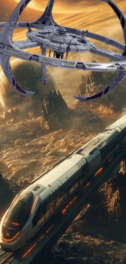 Futuristic space station over alien terrain with train in sci-fi setting.