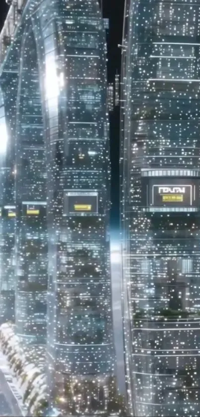 Futuristic space station with digital lights and cosmic view.