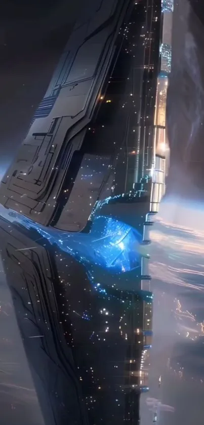 Futuristic space station with a cosmic backdrop and blue accents.