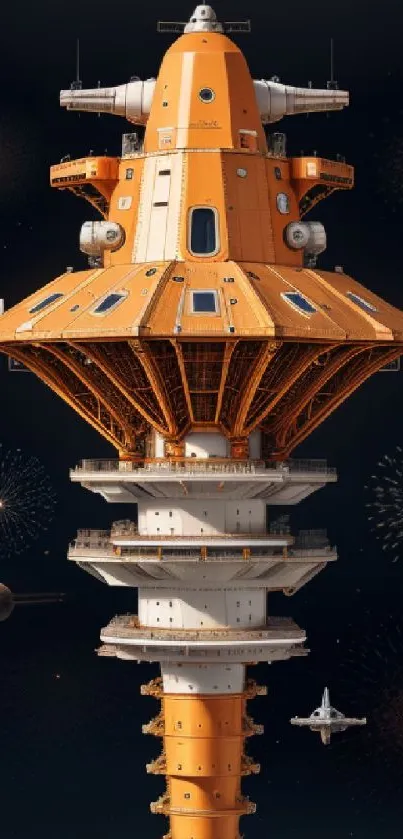 Futuristic orange space tower against a starry backdrop.