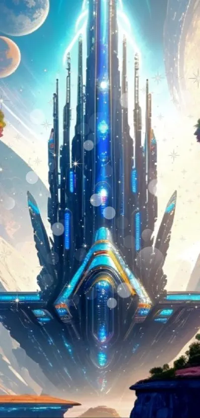 Futuristic space tower with vibrant, celestial elements in a sci-fi setting.