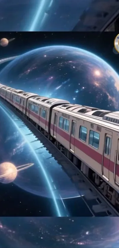 Futuristic train traveling through space with planets in the background.