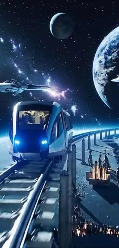 Futuristic train traveling through outer space with planets and stars.