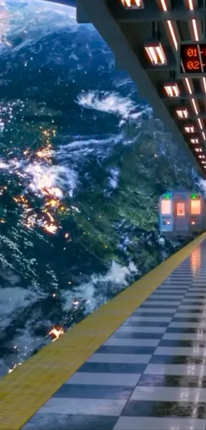 Futuristic space train station with Earth view.