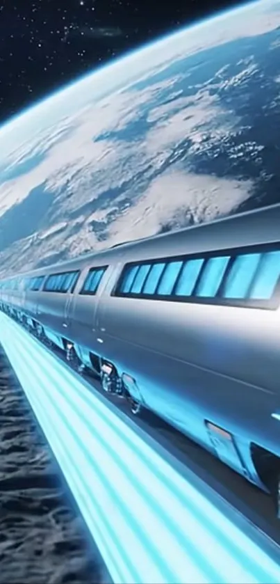 Futuristic train speeding through space with Earth in the background.