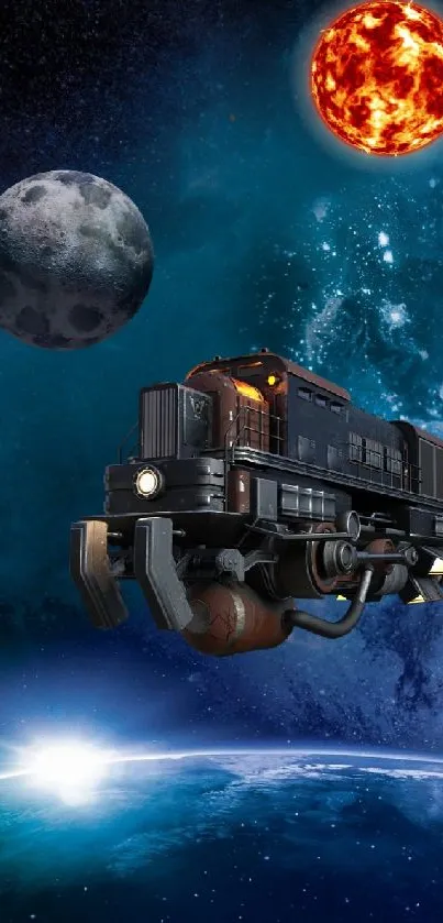 Futuristic space train cruising through planets and stars in a cosmic setting.