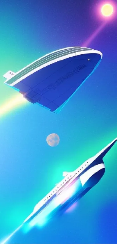 Sleek spaceships against a vibrant cosmic background in space.