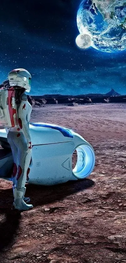 Astronaut on a futuristic bike on a barren planet with Earth and moon in the sky.