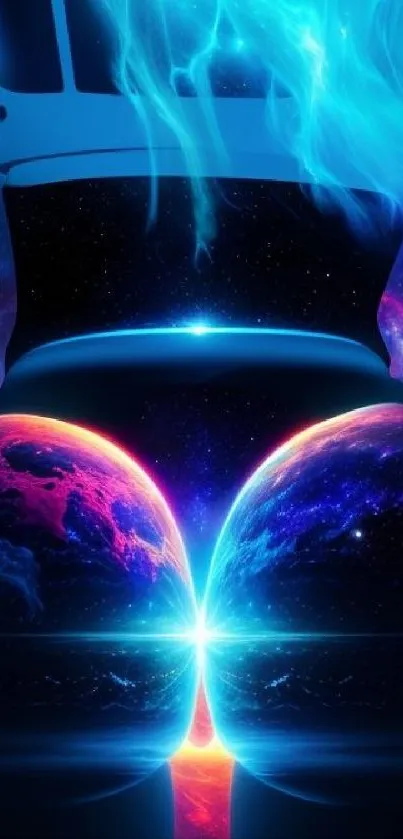 Futuristic space wallpaper with luminous planets and neon colors.