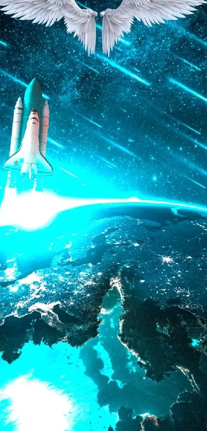 Futuristic space scene with spaceship launching over Earth in blue light.