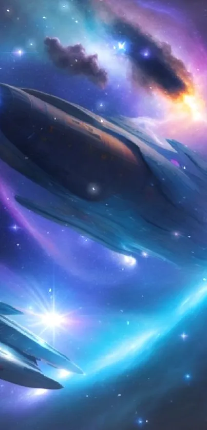 Futuristic spacecraft soaring through a vibrant cosmic scene and galaxy.