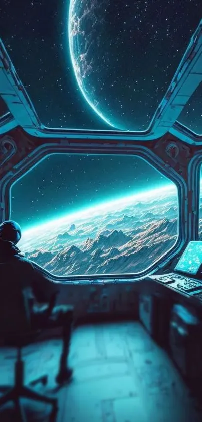 Futuristic space view with astronaut in control room.